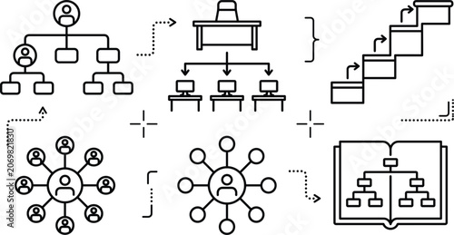 Photos Corporate organizational structure line icon set with business hierarchy career