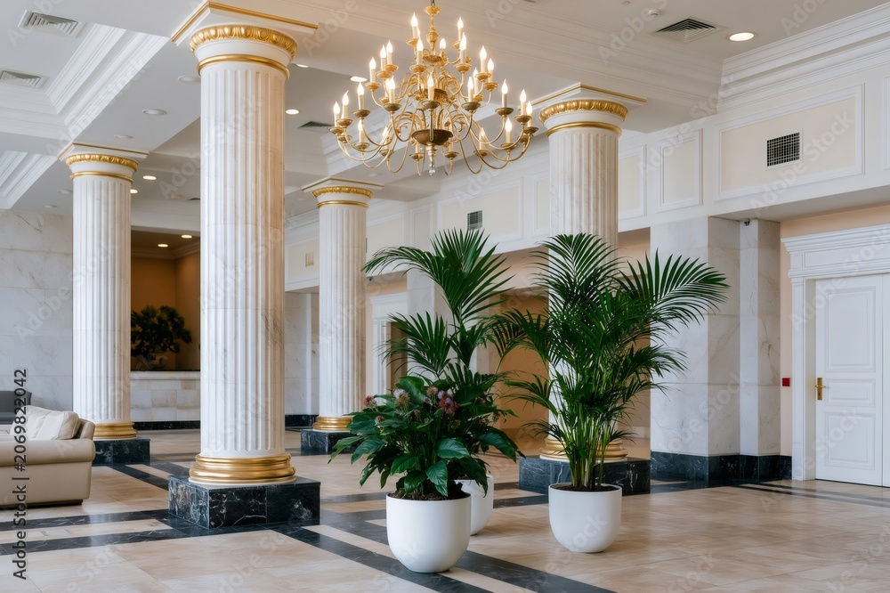 Naklejka premium Luxury hotel lobby with neoclassical architecture columns