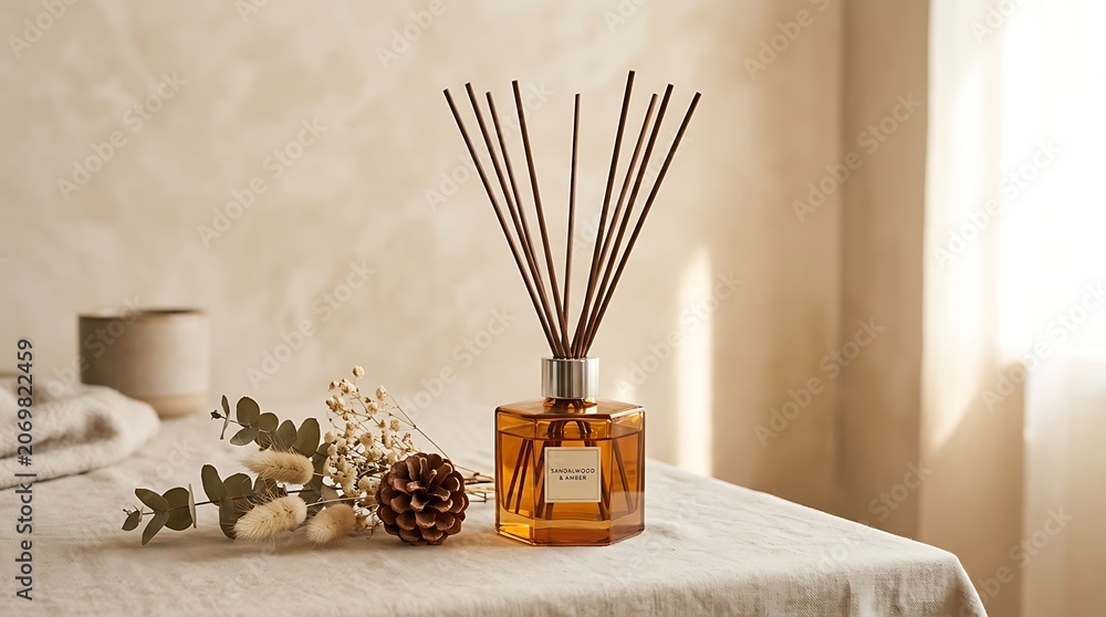 Fototapeta premium Reed diffuser with sticks and natural elements on table in bright room