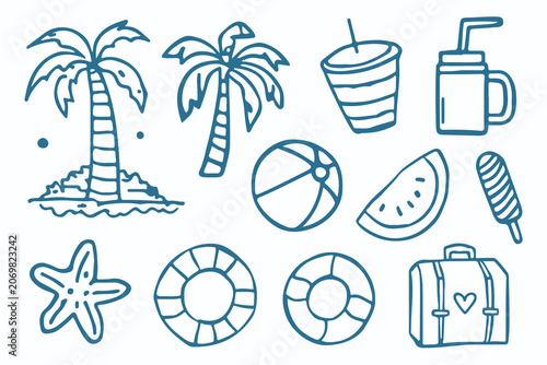 Hand drawn summer beach vacation line art illustration set. Blue vector doodle elements with palm trees, beach ball, watermelon, ice cream, starfish, swim rings, drink, and travel suitcase for tropica