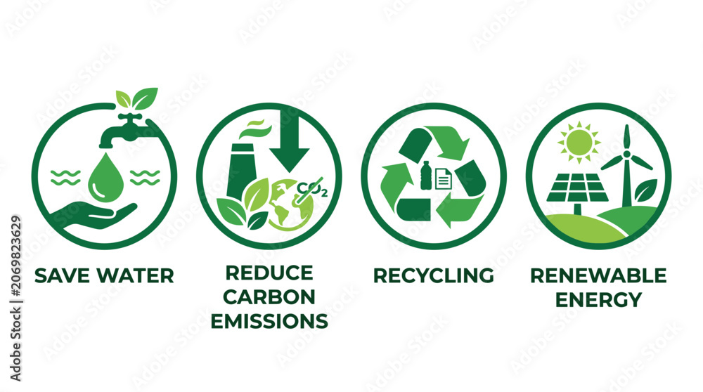 Fototapeta premium Eco friendly icons, green energy symbols, save water, reduce emissions