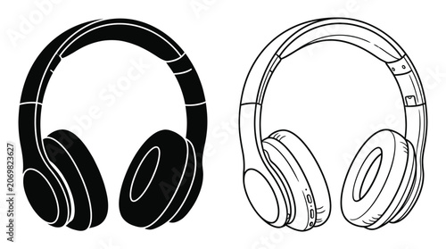 Headphones Line Art Black And White Illustration On White Background