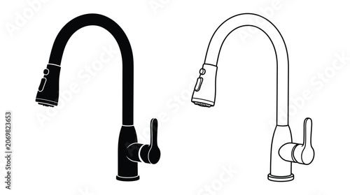 Pull down kitchen faucet black and white line art illustration