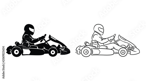 Kart Racing Silhouette And Line Art On White Background