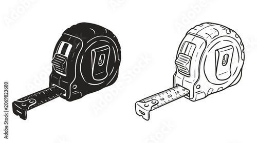 Tape measure illustrations black and white line art style