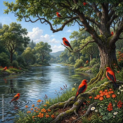 Scarlet Tanager birds in trees over river