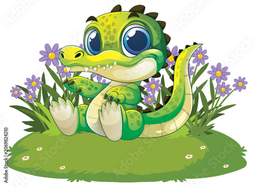 Cute Cartoon Baby Crocodile Sitting in a Grassy Field with Purple Flowers