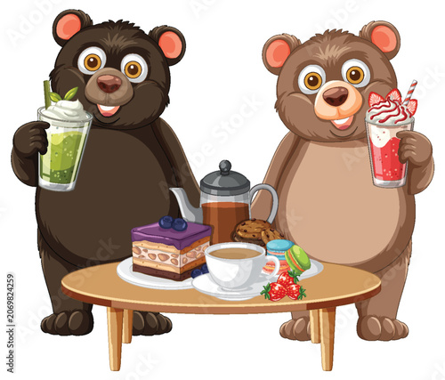Two Cartoon Bears Enjoying Sweet Treats and Drinks at a Table