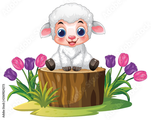 Cute Cartoon Lamb Sitting on a Tree Stump with Tulips