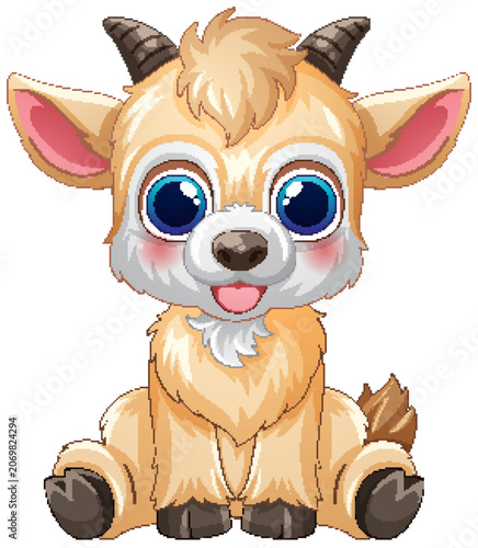 Cute Cartoon Baby Goat Sitting with Large Blue Eyes