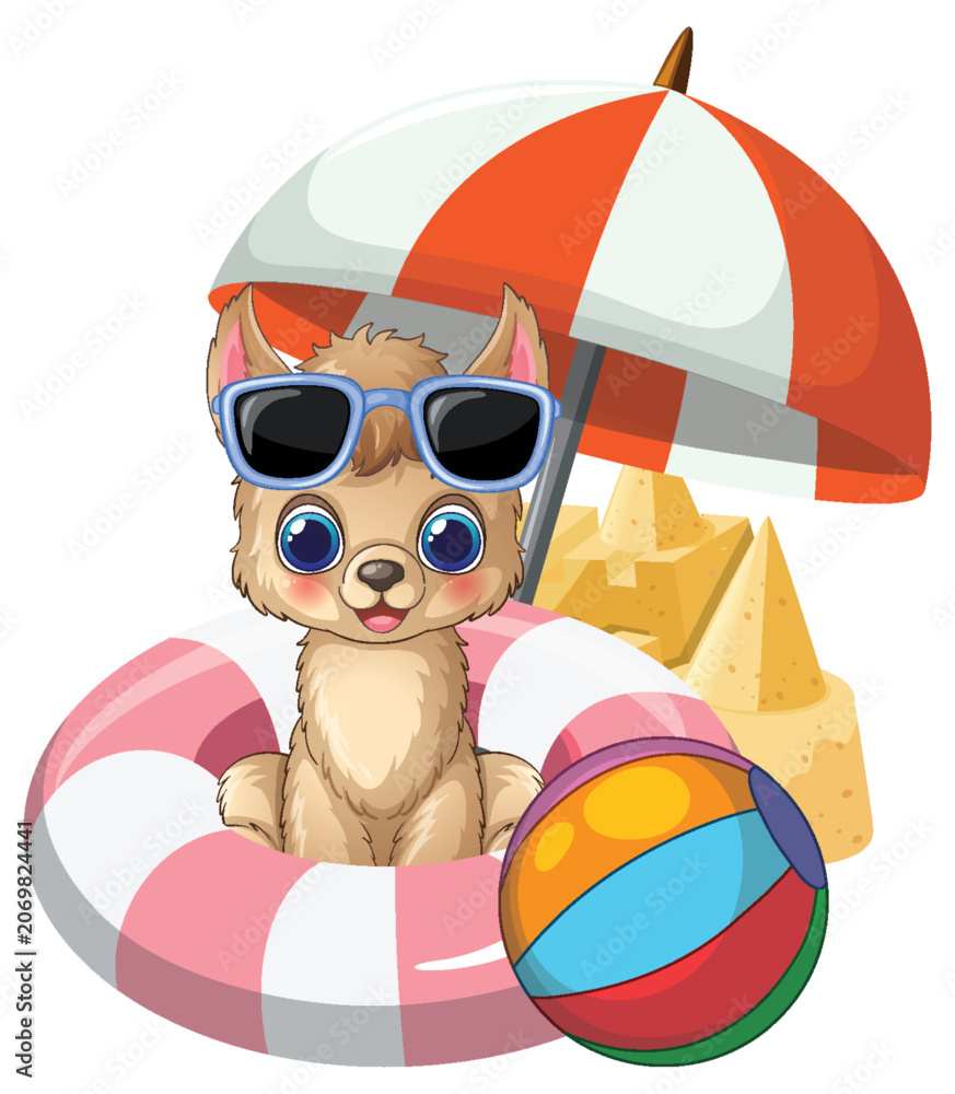 Fototapeta premium Cute Cartoon Alpaca with Sunglasses and Beach Accessories Vector Illustration