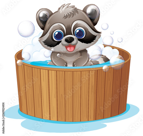 Cute Cartoon Raccoon Taking a Bubble Bath in a Wooden Tub