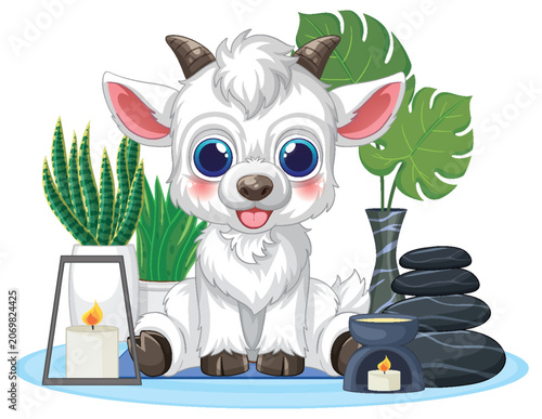 Cute Cartoon White Goat Sitting in a Relaxing Spa Setting