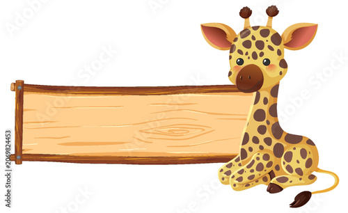 Cute Cartoon Giraffe Sitting Next to a Blank Wooden Sign