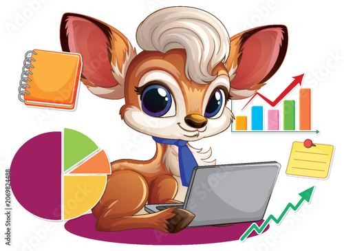 Cartoon Deer Character Working on Laptop with Business Data Charts