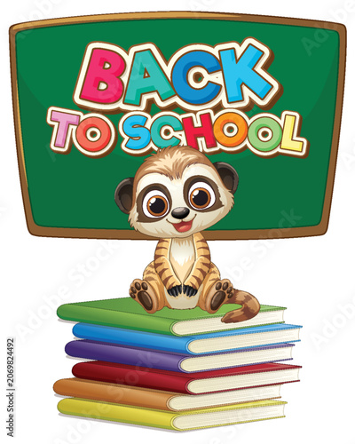 Cartoon Meerkat Sitting on Stack of Books with School Blackboard