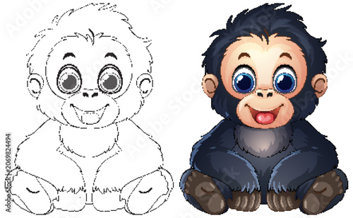 Cute Baby Gorilla Cartoon Character with Line Art Version