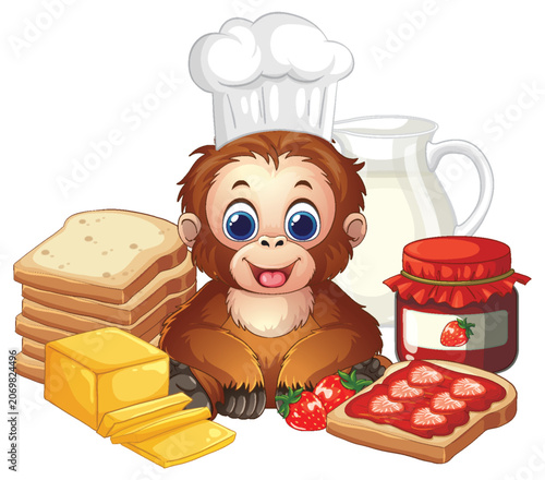 Cute Orangutan Chef Preparing Breakfast with Bread Jam and Milk