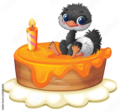 Cute Baby Ostrich Sitting on a Birthday Cake with Burning Candle