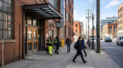 Urban Street Scene with People and Factory Entrance