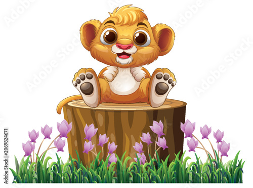 Cute Cartoon Lion Cub Sitting on a Tree Stump with Flowers