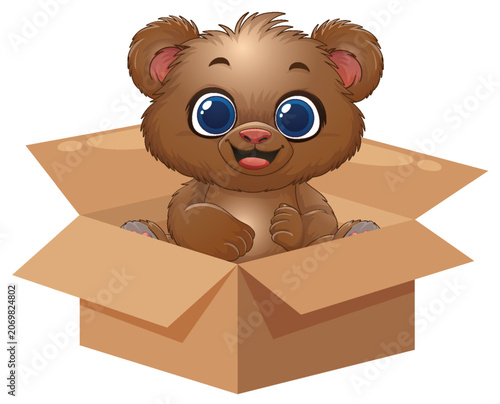 Cute Cartoon Baby Bear Sitting Inside an Open Cardboard Box