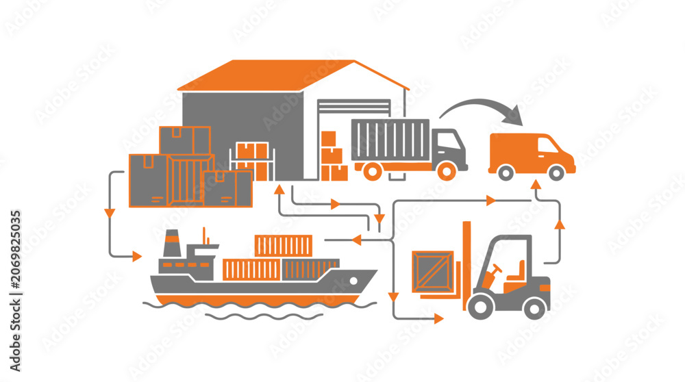 Fototapeta premium Comprehensive global logistics and warehouse distribution network diagram.