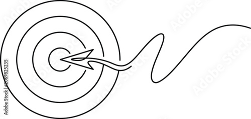 Single line art arrow hitting the center of a target bullseye icon