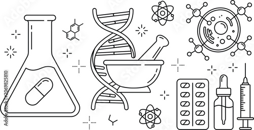 Photos Pharmaceutical laboratory line icon set with flask dna helix mortar blister pack