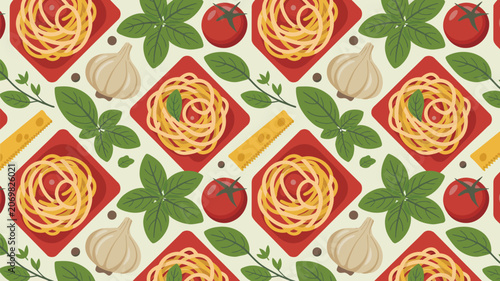 Spaghetti pasta swirls are arranged in a repeating pattern alongside fresh tomatoes, garlic cloves, and basil leaves.