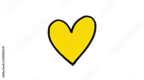 A simple hand drawn yellow heart shape with a black outline isolated on transparent background