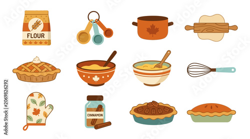 Baking scene with various utensils and ingredients for making pies and desserts at home.