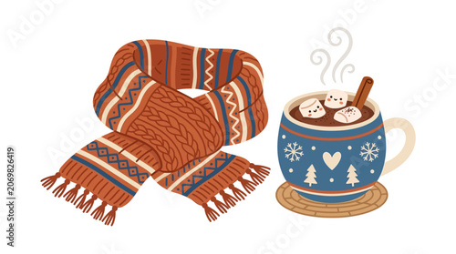Warm scarf and steaming hot chocolate with marshmallows on a cozy winter morning indoors
