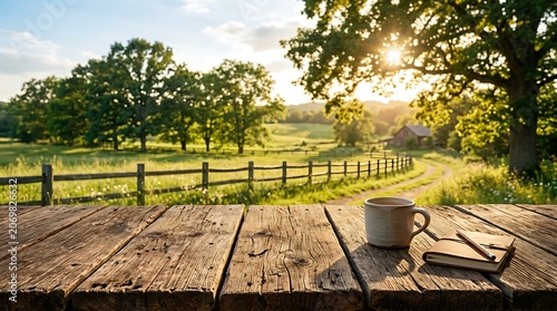 Rustic wooden table with coffee mug and notebook in serene countryside landscape with fence and trees