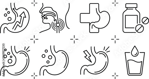 Canvas Print Stomach ache line icon set with acid reflux heartburn medicine bottle indigestio