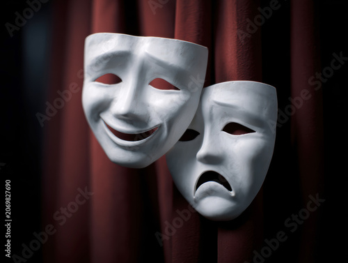 Classic Comedy and Tragedy Theater Masks Hanging on Stage Curtain. AI generative.