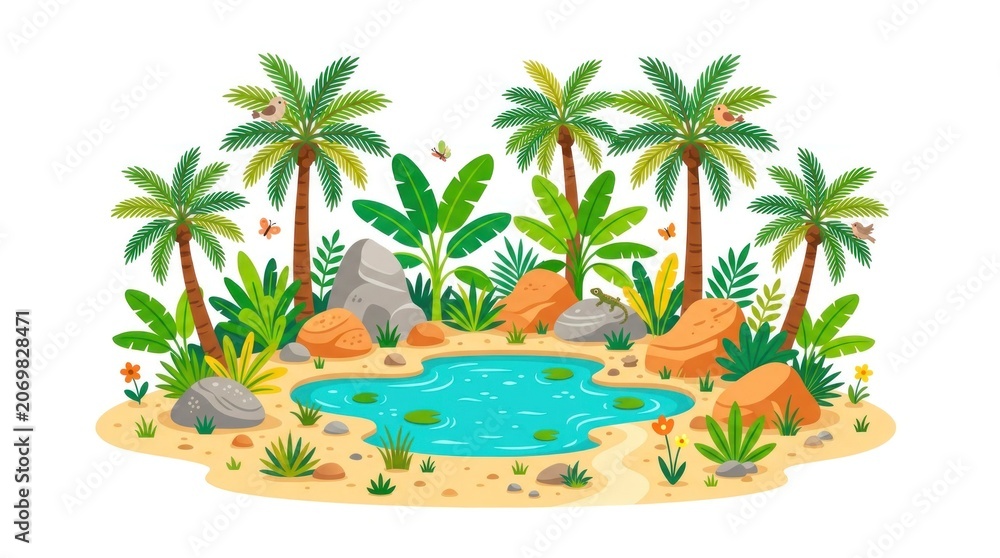 Obraz premium Tropical oasis with palm trees and water pond