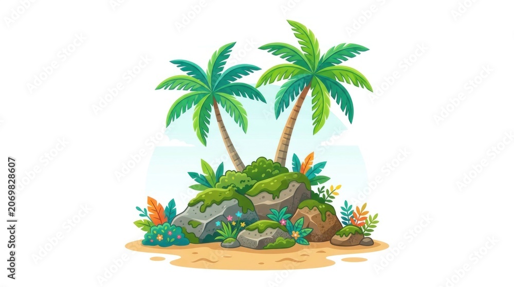 Fototapeta premium Two palm trees on small tropical rock formation.