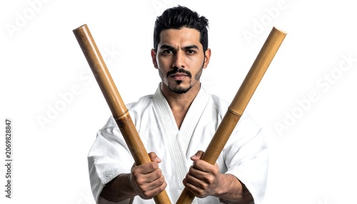 A stern-faced man in a white uniform holds two wooden staffs at chest level, looking directly at the camera