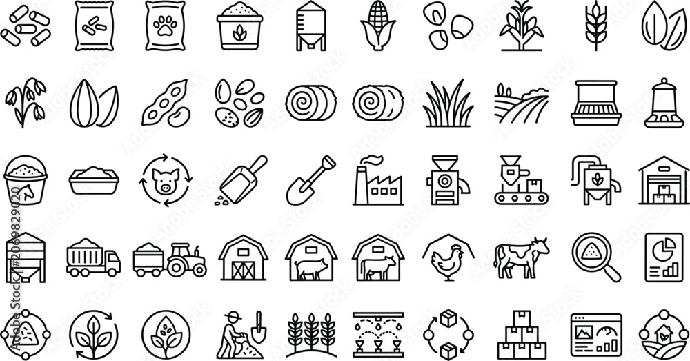 Fototapeta premium Agriculture and farming line icon set featuring crops, livestock, harvesting, food production and agribusiness concepts