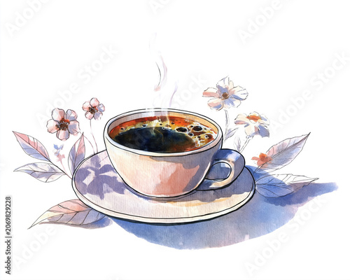 Artistic Coffee Cup with Floral Watercolor Illustration. AI generative.