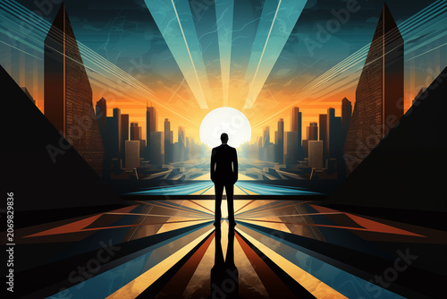 A business vision concept featuring a skyline and symbolic elements.