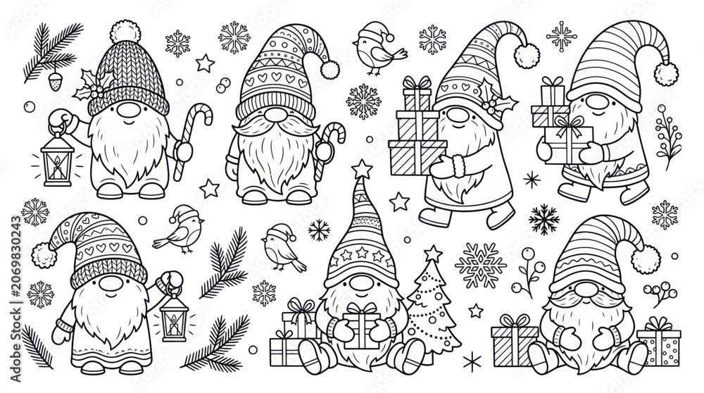 Obraz premium Christmas gnomes set with festive gifts lanterns and winter elements