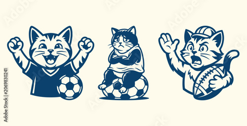 Cute Cartoon Cat Soccer Mascot Set – Funny Football Kitten Vector Illustration | Adorable Cat Football Player Characters – Sports Mascot Vector Collection