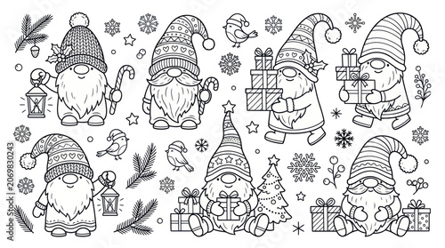 Christmas gnomes set with festive gifts lanterns and winter elements