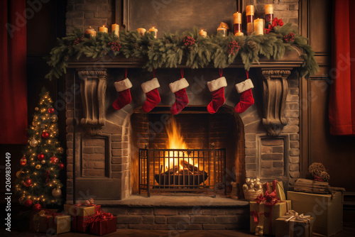 Christmas stockings hang on the cozy fireplace during the holidays.