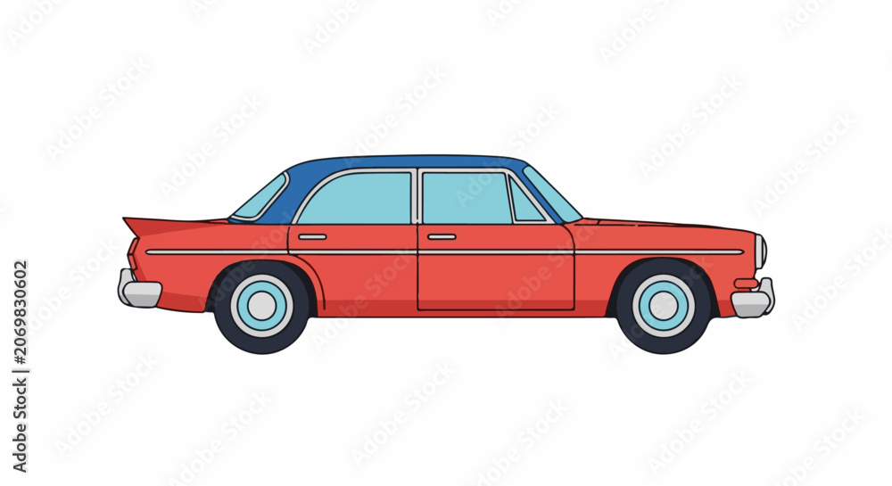 Fototapeta premium A red vintage car with blue roof and accents