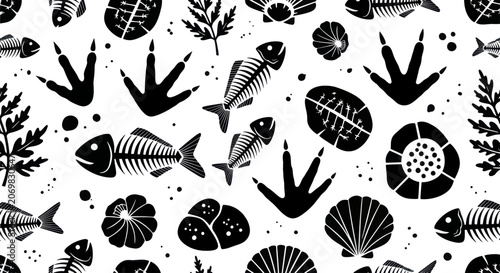 Tableau sur toile Seamless Pattern of Fossilized Remains and Dinosaur Footprints.