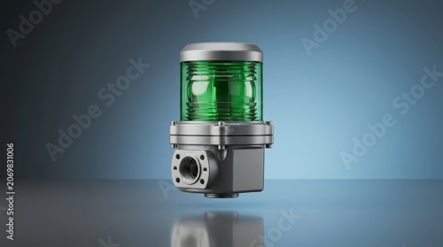 Industrial green warning beacon 3D render operational status signaling device reinforced optical housing process confirmation system readiness indication