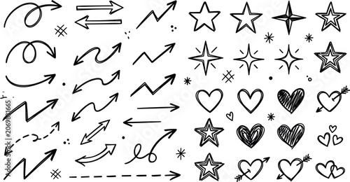 Hand drawn arrow star and heart vector doodle icon set featuring sketch pointer symbols sparkles loops and romantic love decorations